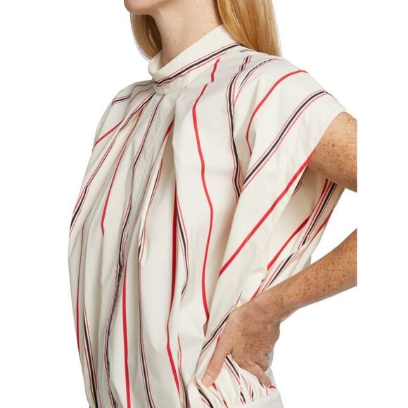 3.1 PHILLIP LIM | Ivory Red Striped Stand Collar Cap Sleeve Tie Hem Designer Top - Picture 2 of 15
